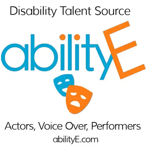 white background with the words Disability Talent Source, blue letters spelling ability and a capital E in orange font. There are two theatre masks, one is blue and one is orange. The words Actors, Voice Over, Performers and abilityE.com is at the bottom of the image.
